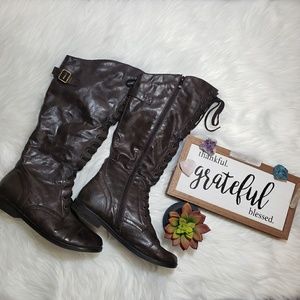 Brown Faux Leather Below Knee High Boots